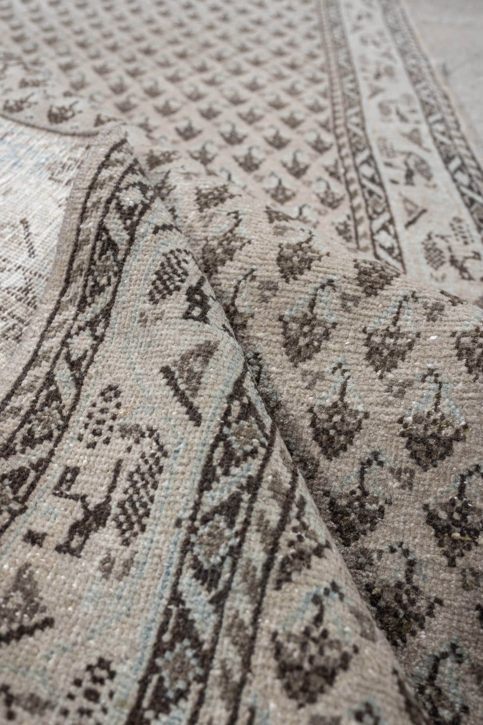2' x 10' one-of-a-kind handmade antique Mir runner rug. Color palette: ivory, taupe, charcoal, brown, cream, slate, beige