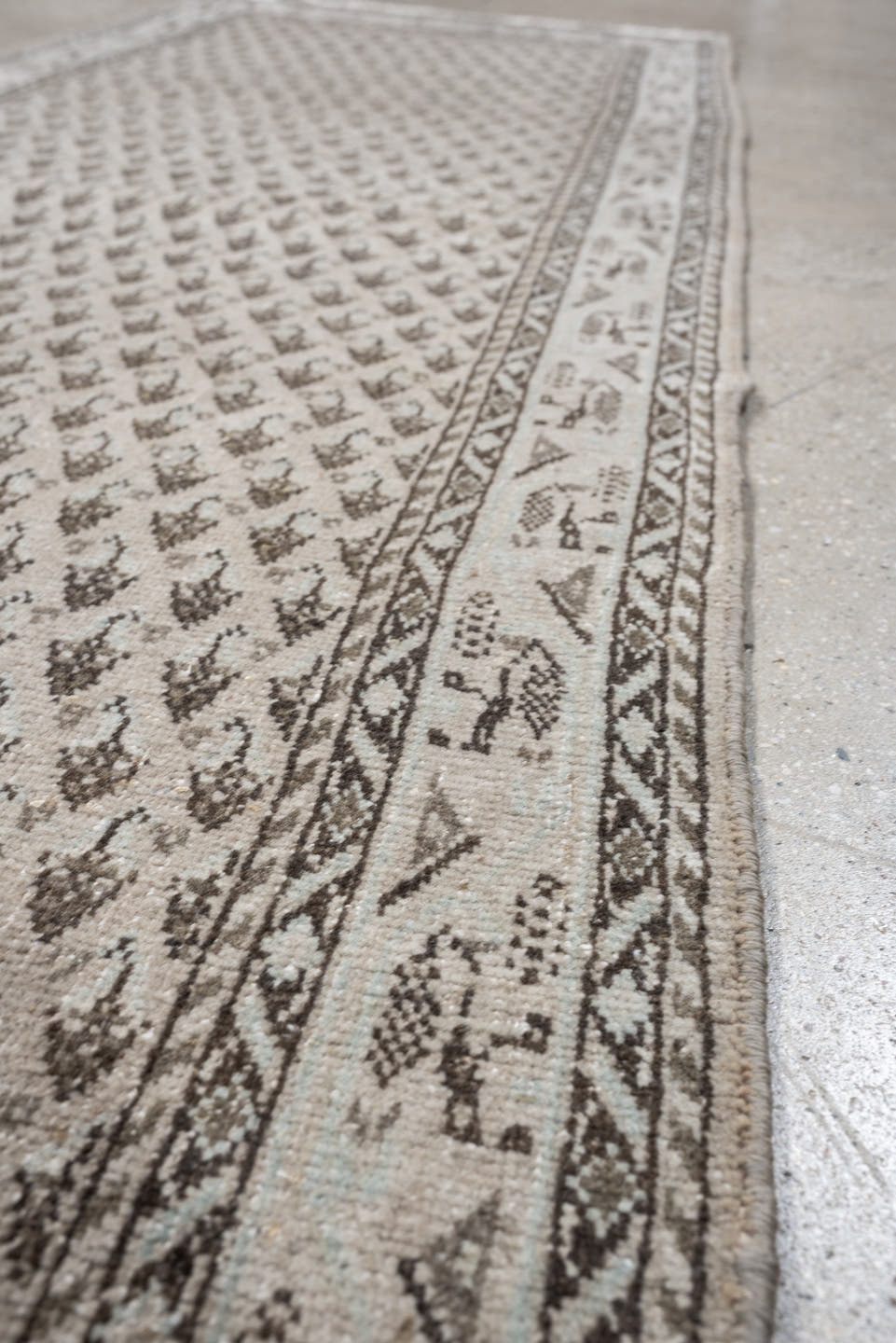 2' x 10' one-of-a-kind handmade antique Mir runner rug. Color palette: ivory, taupe, charcoal, brown, cream, slate, beige