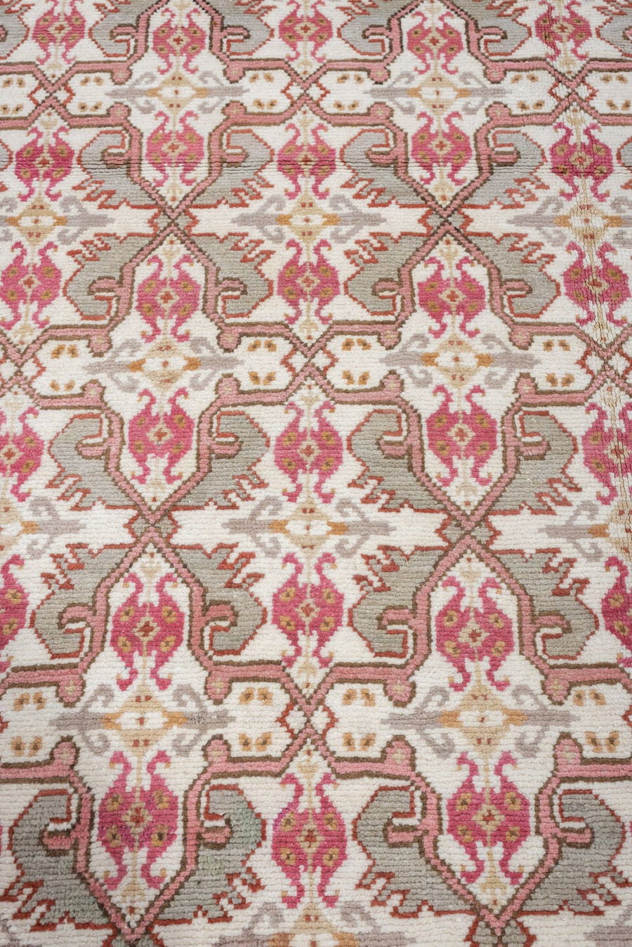 8' x 10' one-of-a-kind handmade antique Moroccan large size rug. Color palette: ivory, rose, taupe, terracotta, soft gray