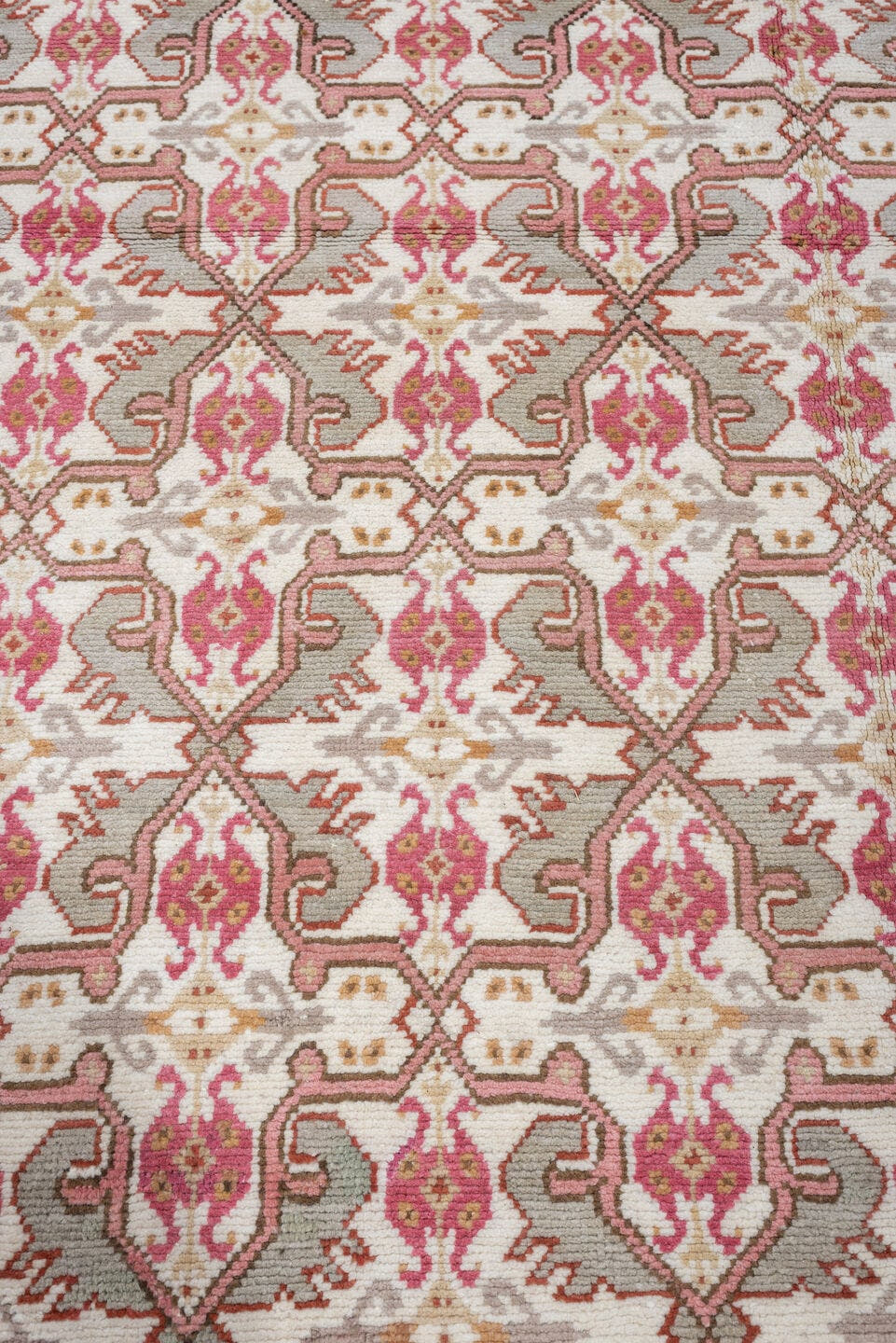 8' x 10' one-of-a-kind handmade antique Moroccan large size rug. Color palette: ivory, rose, taupe, terracotta, soft gray