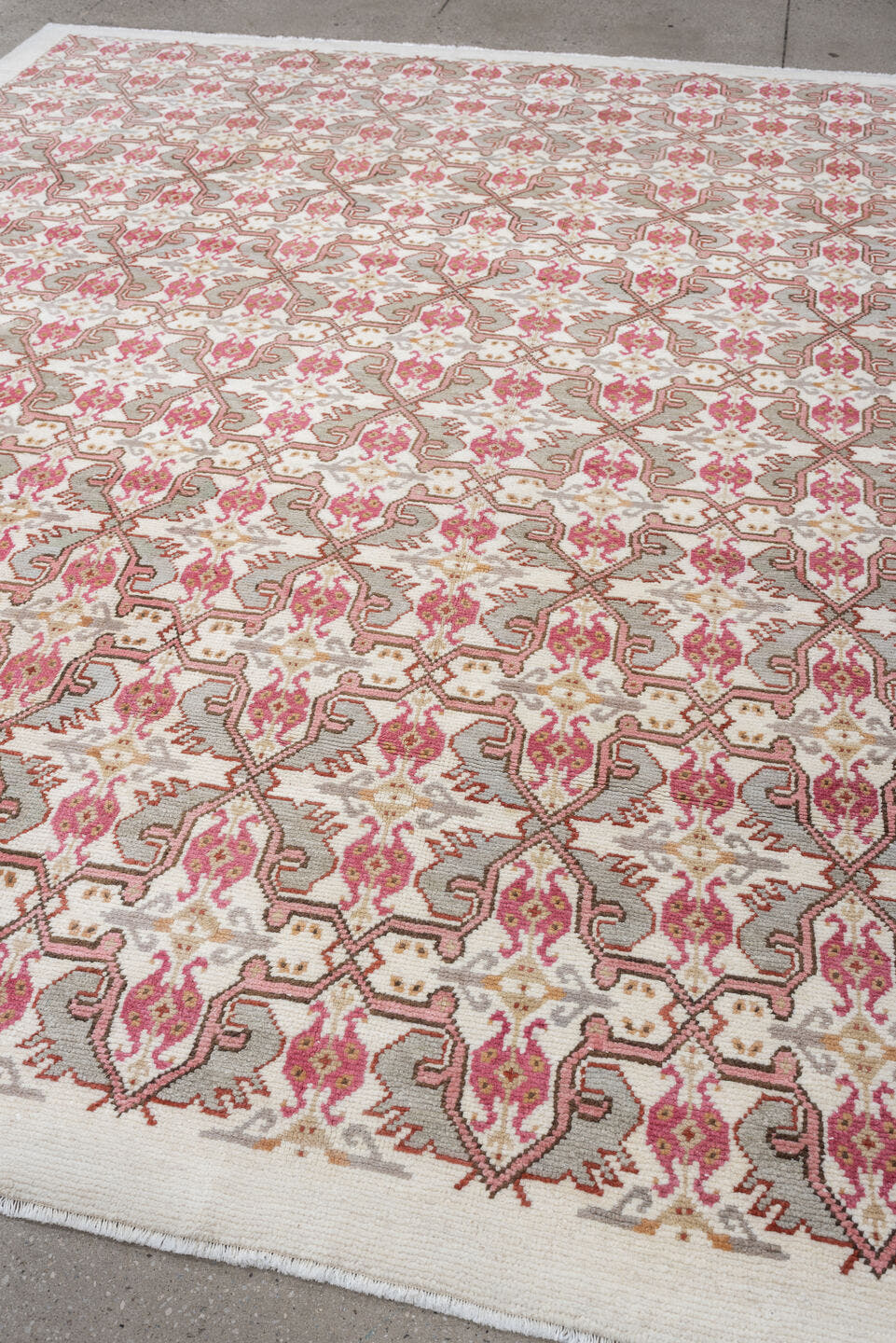 8' x 10' one-of-a-kind handmade antique Moroccan large size rug. Color palette: ivory, rose, taupe, terracotta, soft gray