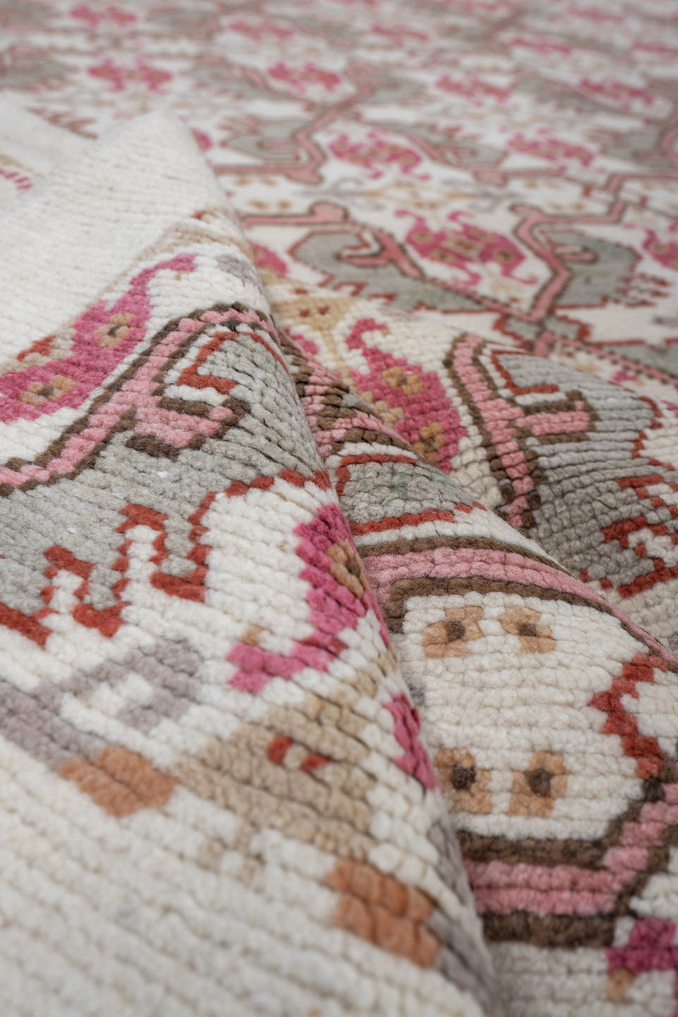 8' x 10' one-of-a-kind handmade antique Moroccan large size rug. Color palette: ivory, rose, taupe, terracotta, soft gray