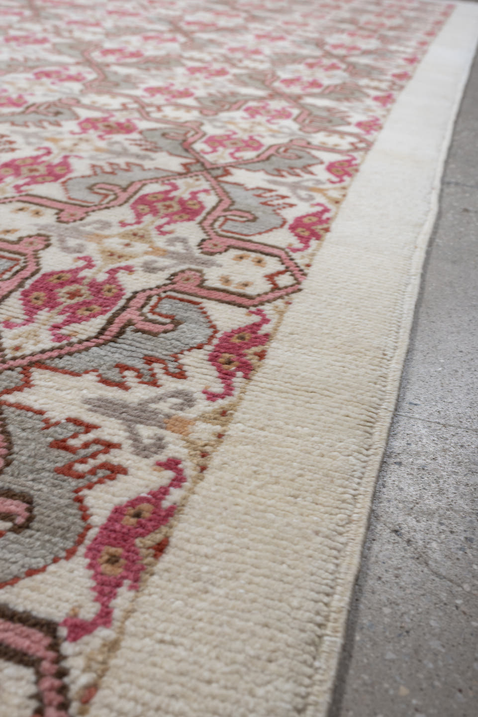 8' x 10' one-of-a-kind handmade antique Moroccan large size rug. Color palette: ivory, rose, taupe, terracotta, soft gray