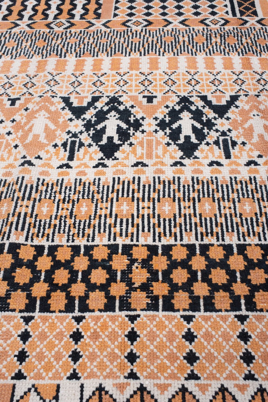 8' x 11' one-of-a-kind handmade antique Moroccan large size rug. Color palette: camel, ivory, ebony, charcoal, taupe, beige