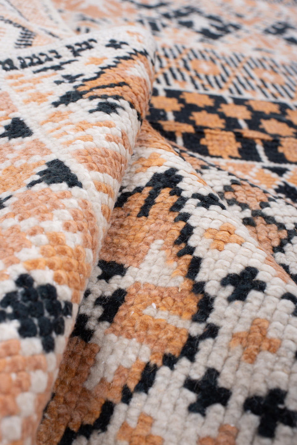 8' x 11' one-of-a-kind handmade antique Moroccan large size rug. Color palette: camel, ivory, ebony, charcoal, taupe, beige