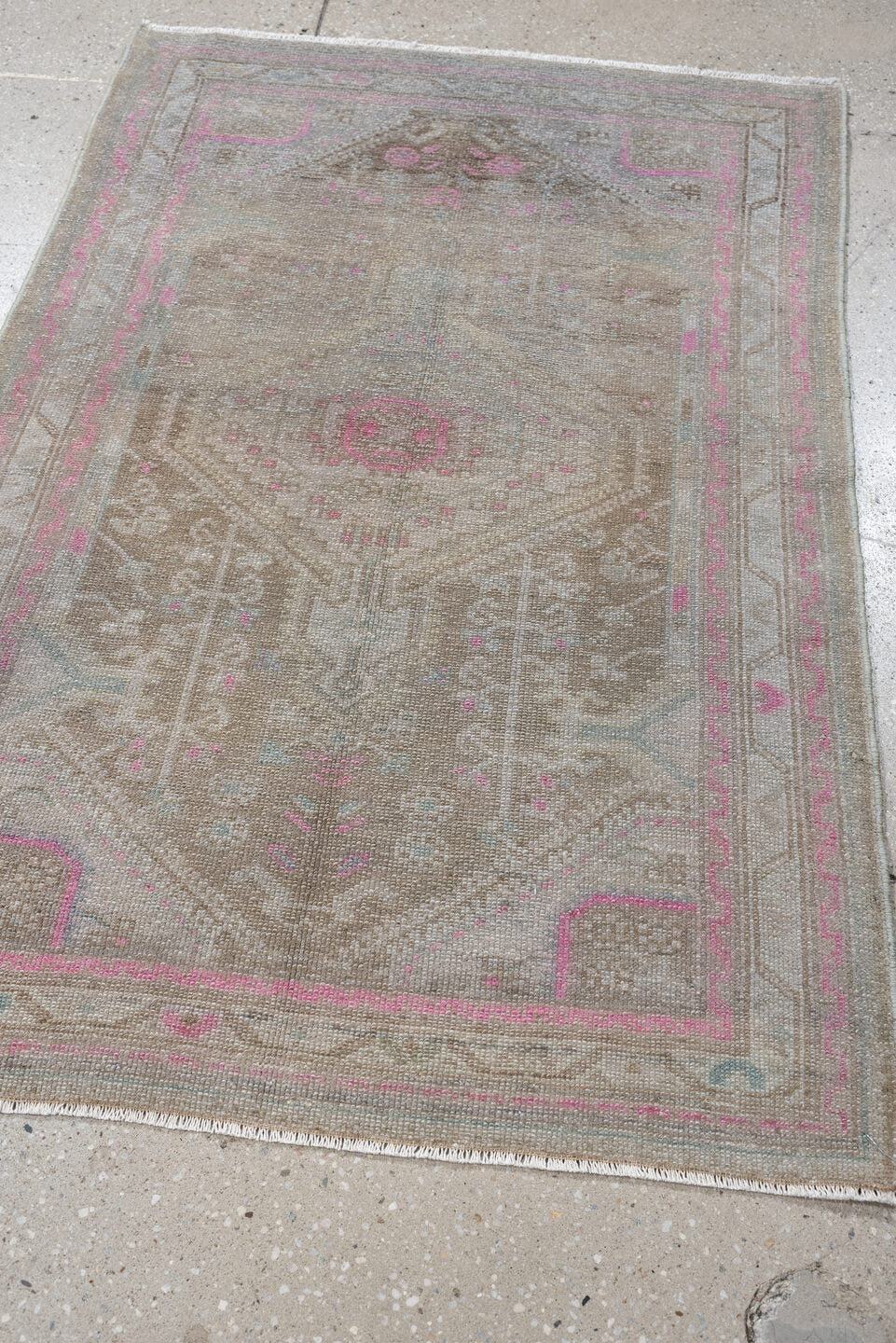 2' x 4' one-of-a-kind handmade antique Hamadan small size rug. Color palette: taupe, ivory, rose, blue green, gray, brown