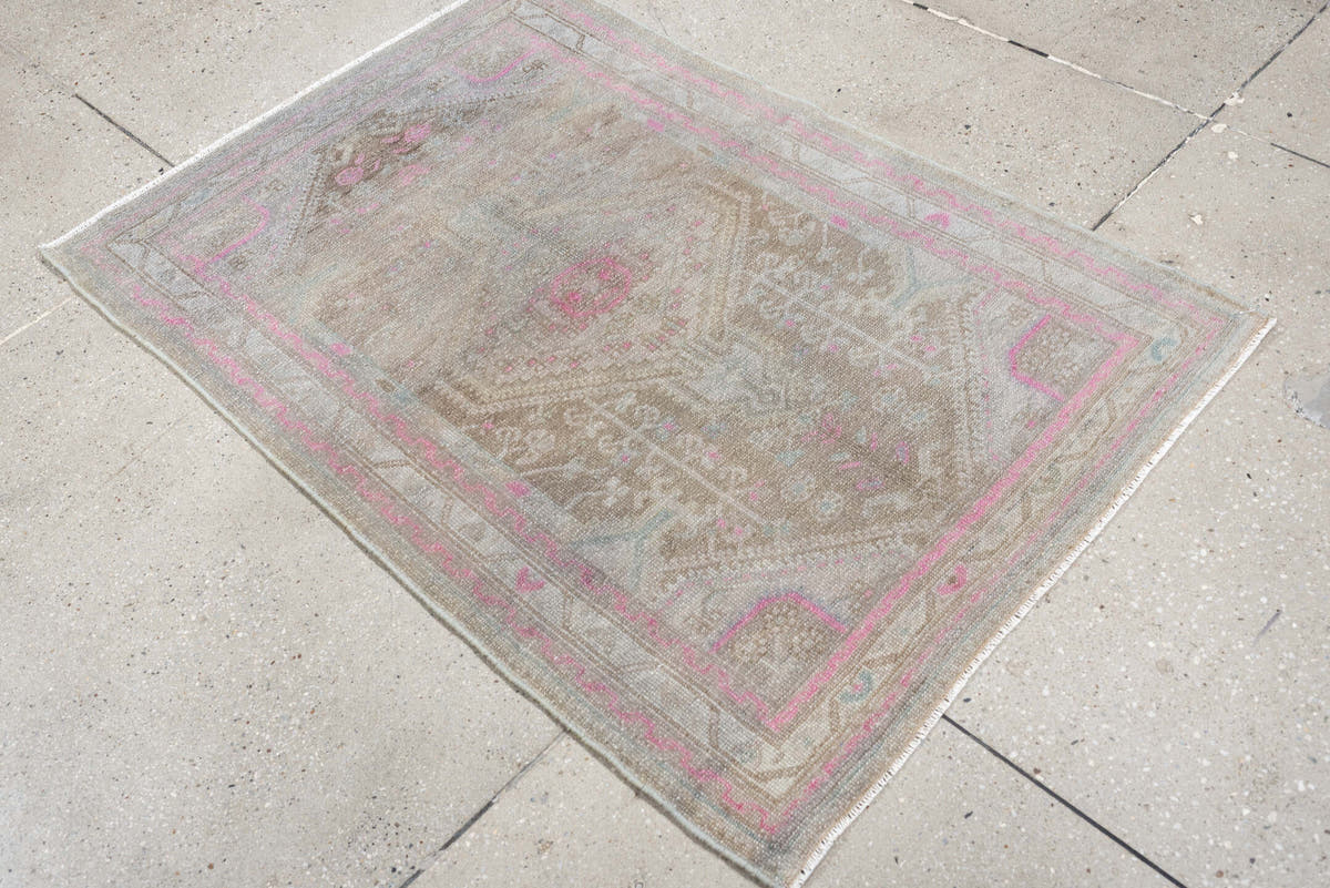2' x 4' one-of-a-kind handmade antique Hamadan small size rug. Color palette: taupe, ivory, rose, blue green, gray, brown
