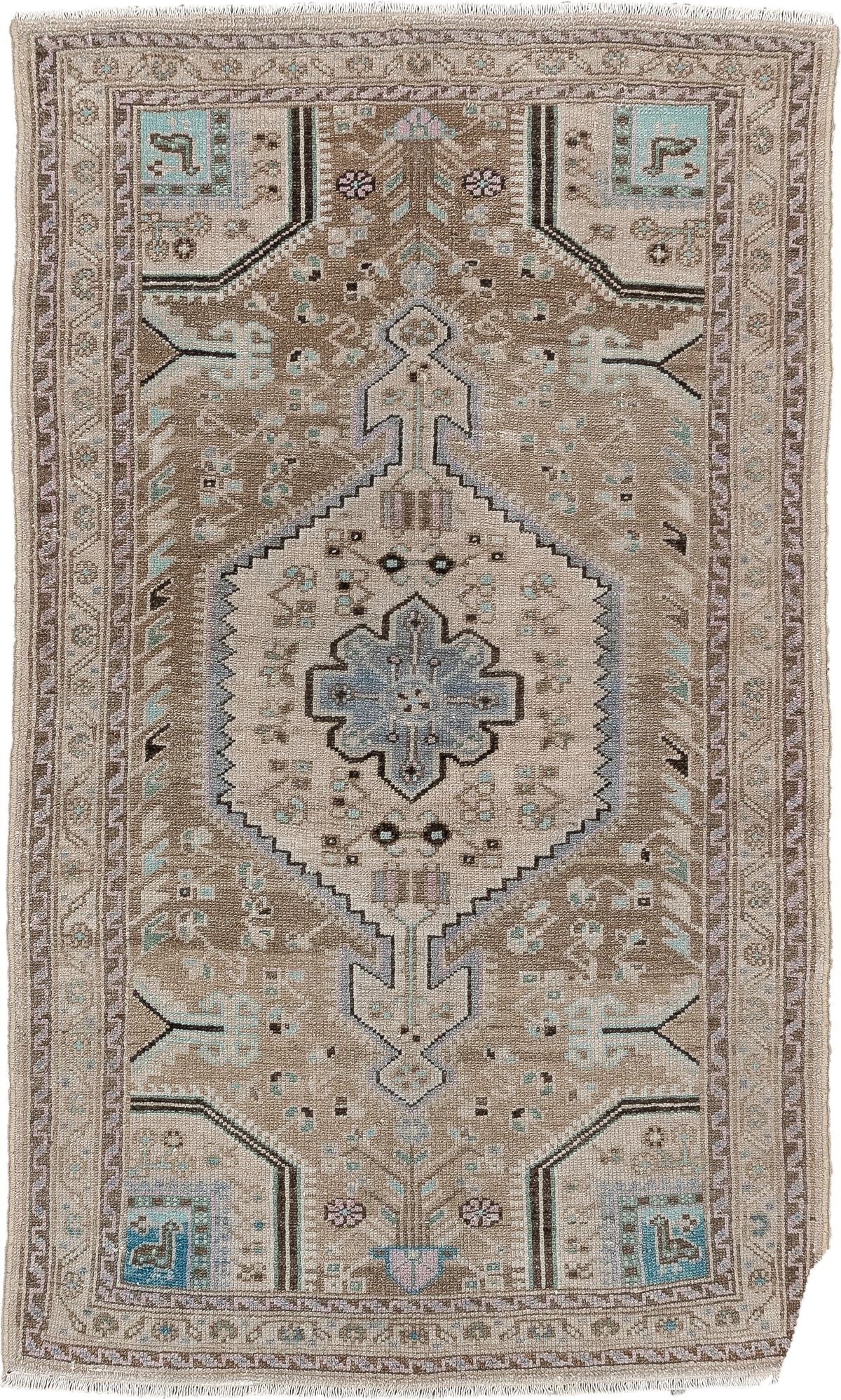 2' x 4' one-of-a-kind handmade antique Hamadan small size rug. Color palette: camel, ivory, taupe, powder blue, aqua