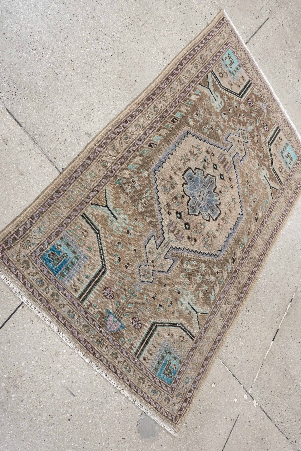 2' x 4' one-of-a-kind handmade antique Hamadan small size rug. Color palette: camel, ivory, taupe, powder blue, aqua