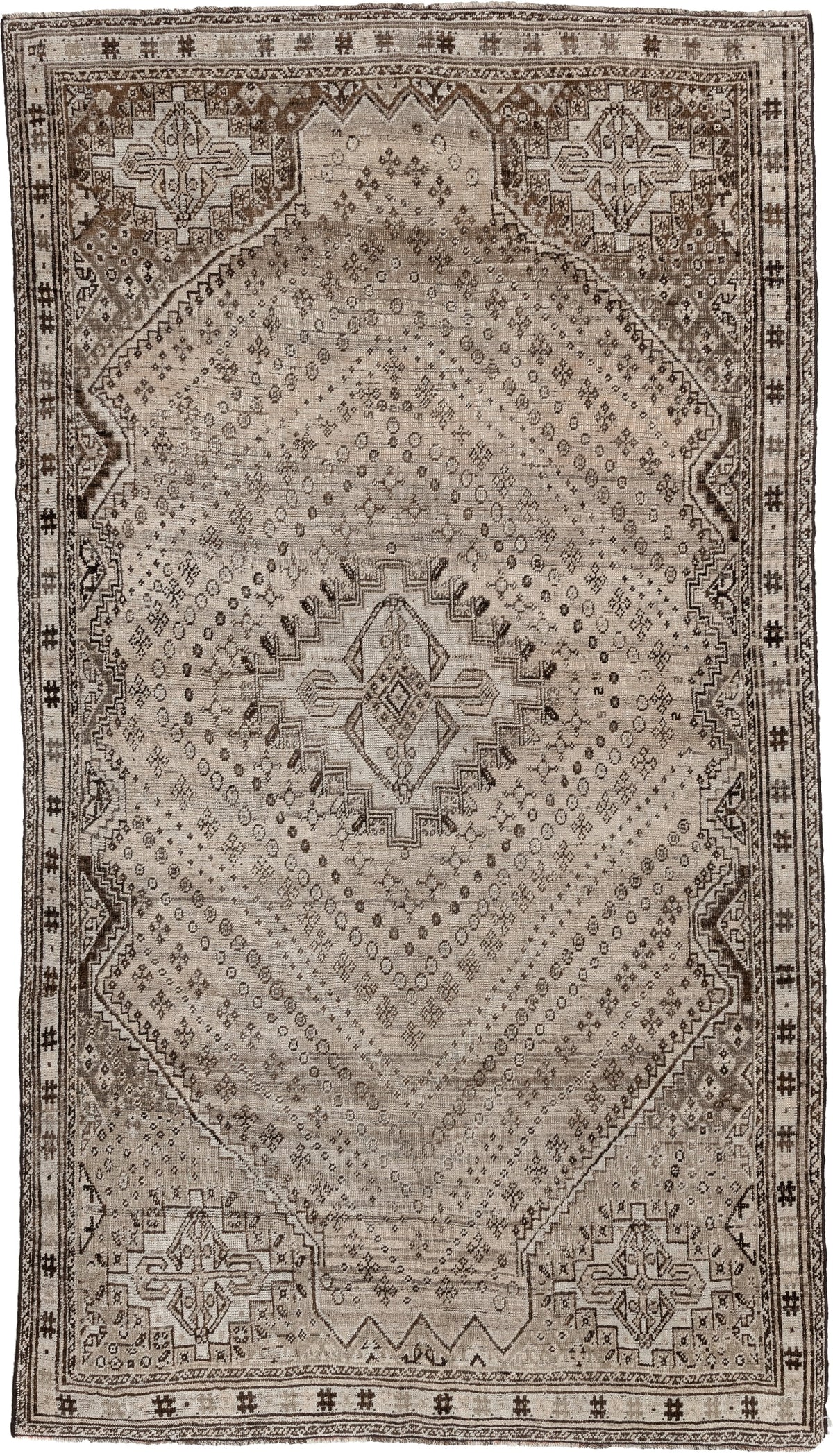 5' x 9' one-of-a-kind handmade antique Shiraz medium size rug. Color palette: ivory, taupe, charcoal, brown, camel, ebony