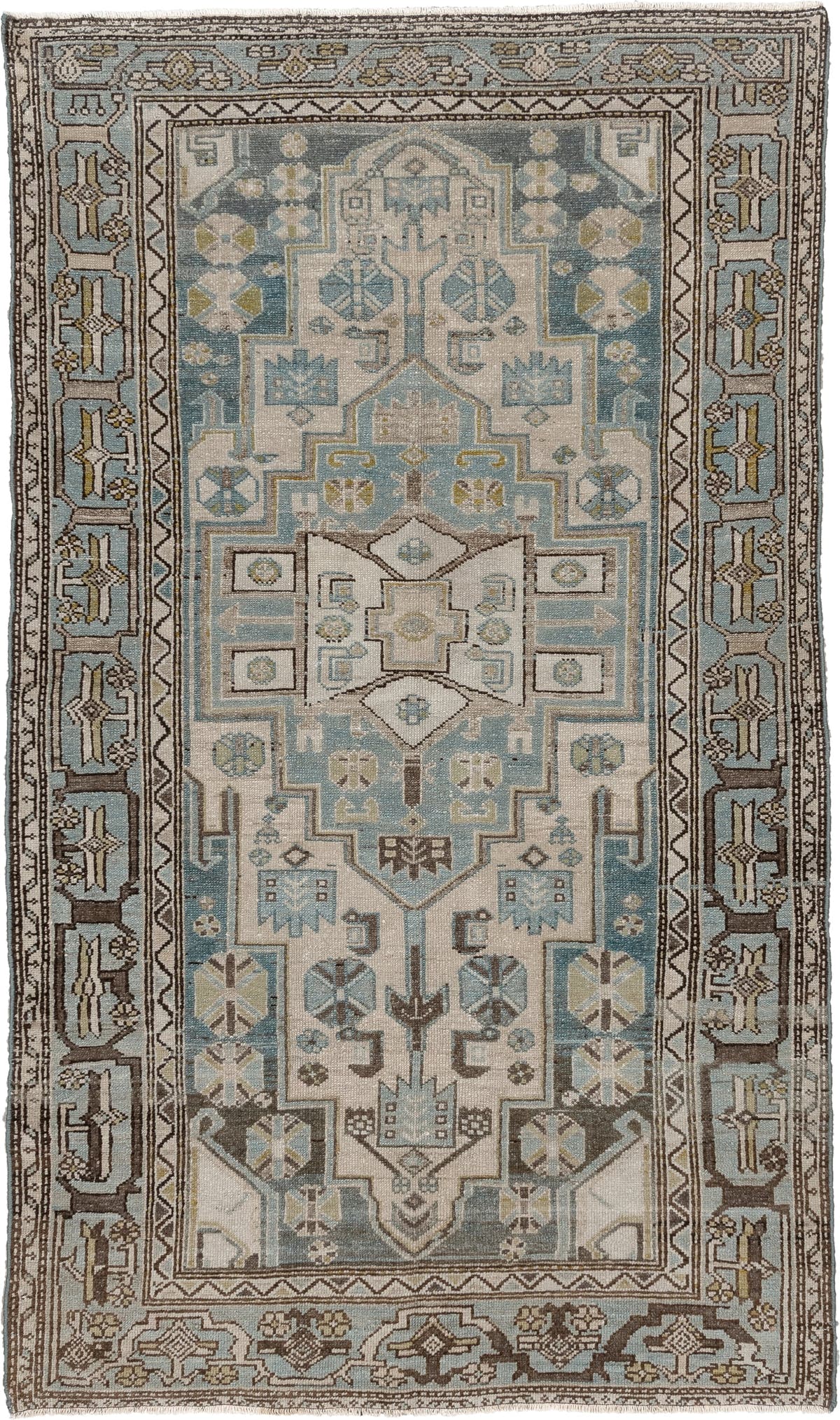 4' x 6' one-of-a-kind handmade antique Hamadan rug. Color palette: ivory, blue gray, taupe, brown, muted teal, charcoal