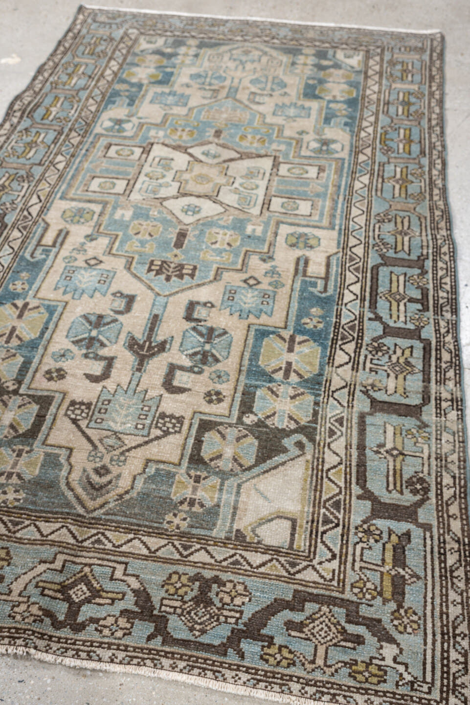 4' x 6' one-of-a-kind handmade antique Hamadan rug. Color palette: ivory, blue gray, taupe, brown, muted teal, charcoal