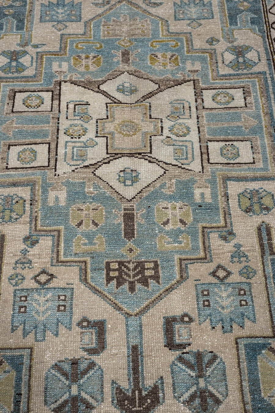 4' x 6' one-of-a-kind handmade antique Hamadan rug. Color palette: ivory, blue gray, taupe, brown, muted teal, charcoal