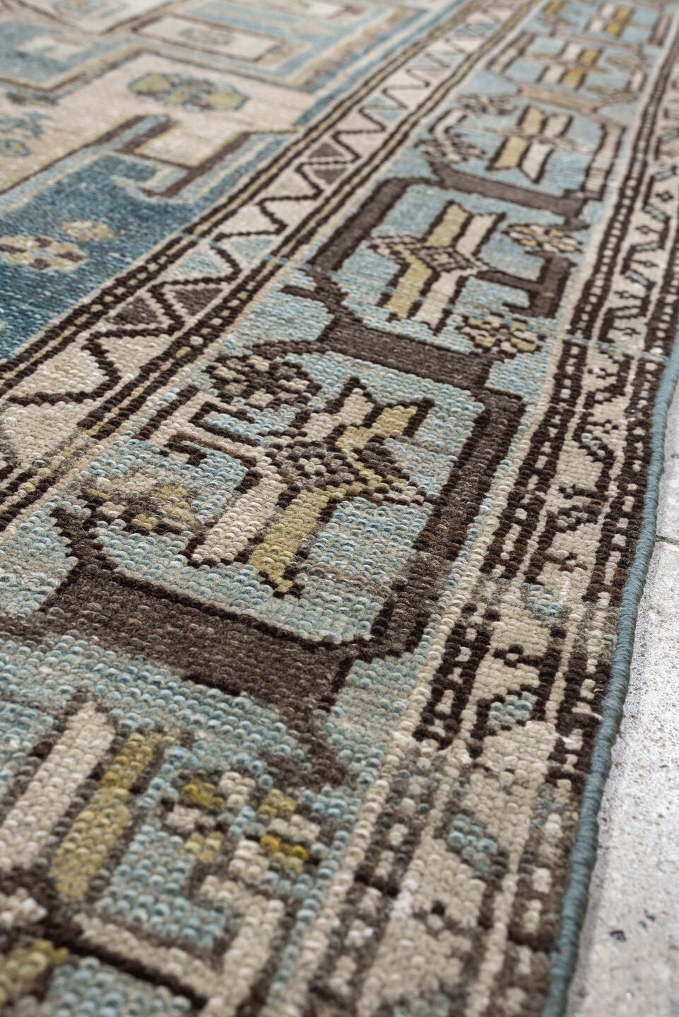 4' x 6' one-of-a-kind handmade antique Hamadan rug. Color palette: ivory, blue gray, taupe, brown, muted teal, charcoal