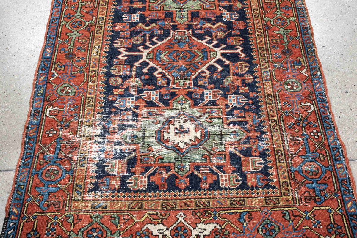 3' x 4' one-of-a-kind handmade antique Karaje small size rug. Color palette: navy, rust, ivory, terra cotta, blue, sage