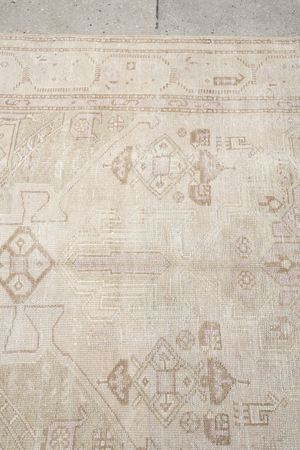 4' x 7' one-of-a-kind handmade antique rug. Color palette: ivory, cream, taupe, sand, sage, beige, pale brown, gray, green