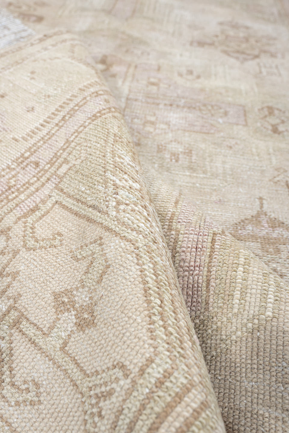 4' x 7' one-of-a-kind handmade antique rug. Color palette: ivory, cream, taupe, sand, sage, beige, pale brown, gray, green