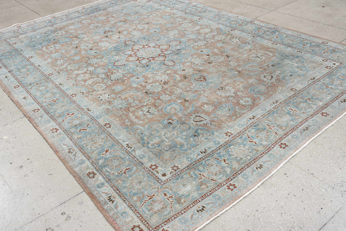 8' x 11' one-of-a-kind handmade antique Tabriz large size rug. Color palette: powder blue, blush, ivory, taupe, soft gray