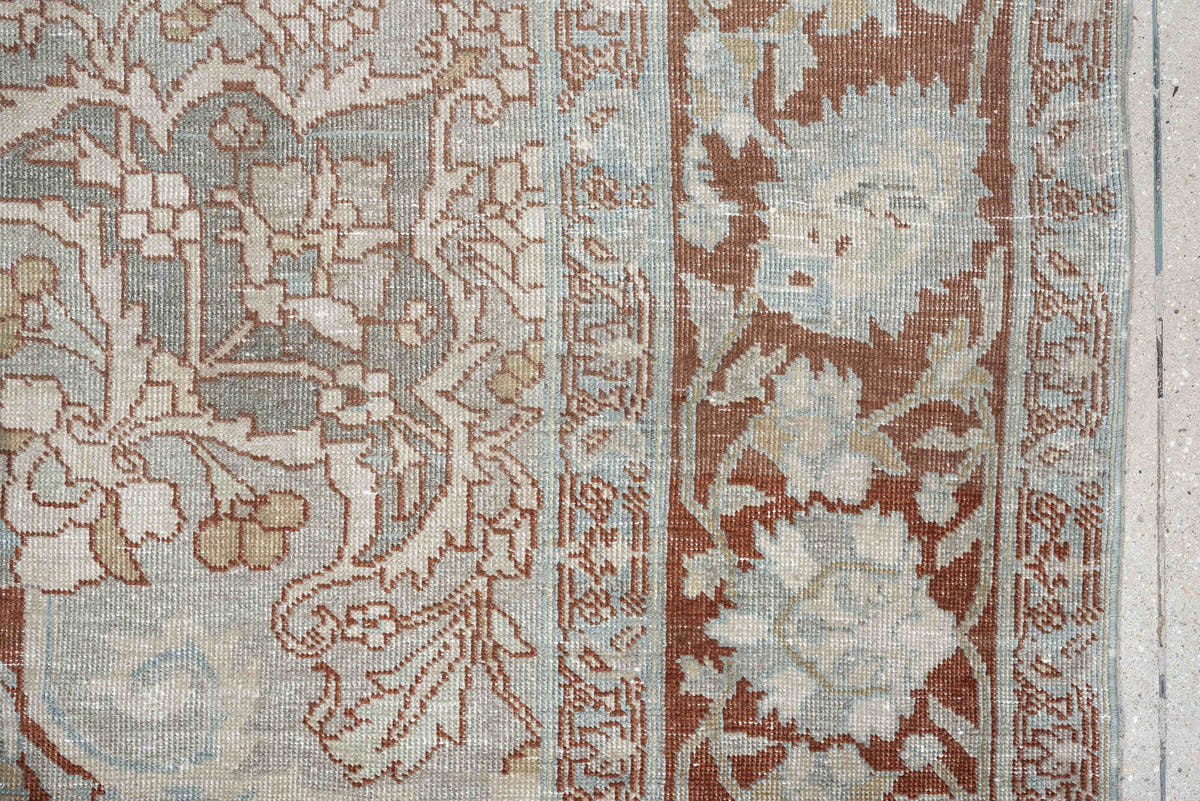 8' x 10' one-of-a-kind handmade antique Tabriz large size rug. Color palette: terracotta, ivory, pale blue gray, taupe, rust