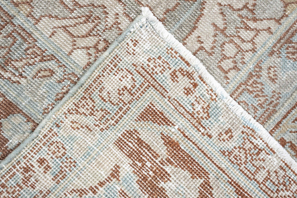 8' x 10' one-of-a-kind handmade antique Tabriz large size rug. Color palette: terracotta, ivory, pale blue gray, taupe, rust