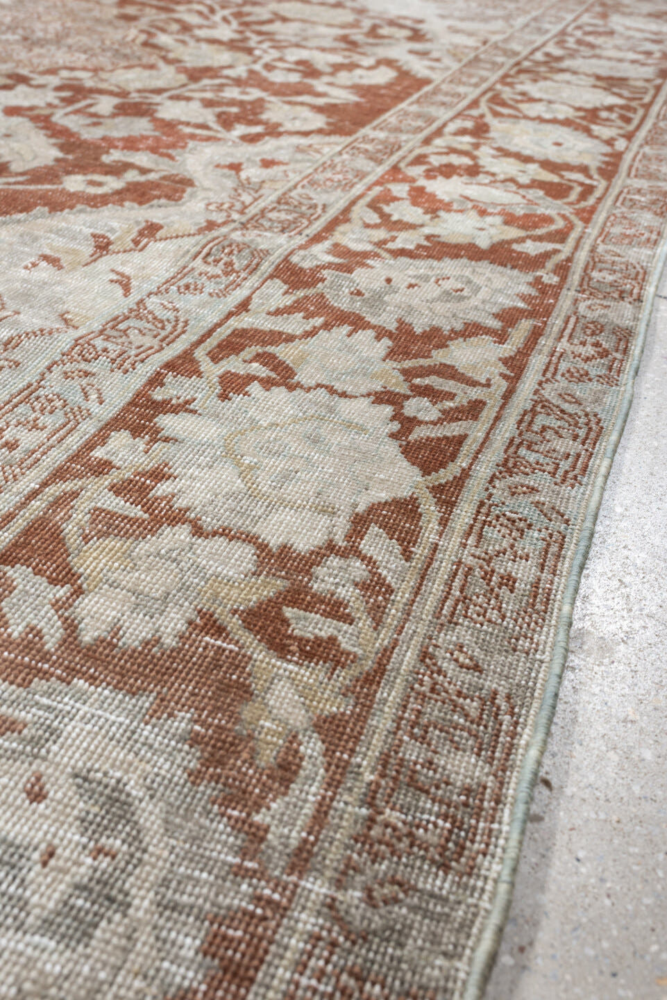 8' x 10' one-of-a-kind handmade antique Tabriz large size rug. Color palette: terracotta, ivory, pale blue gray, taupe, rust