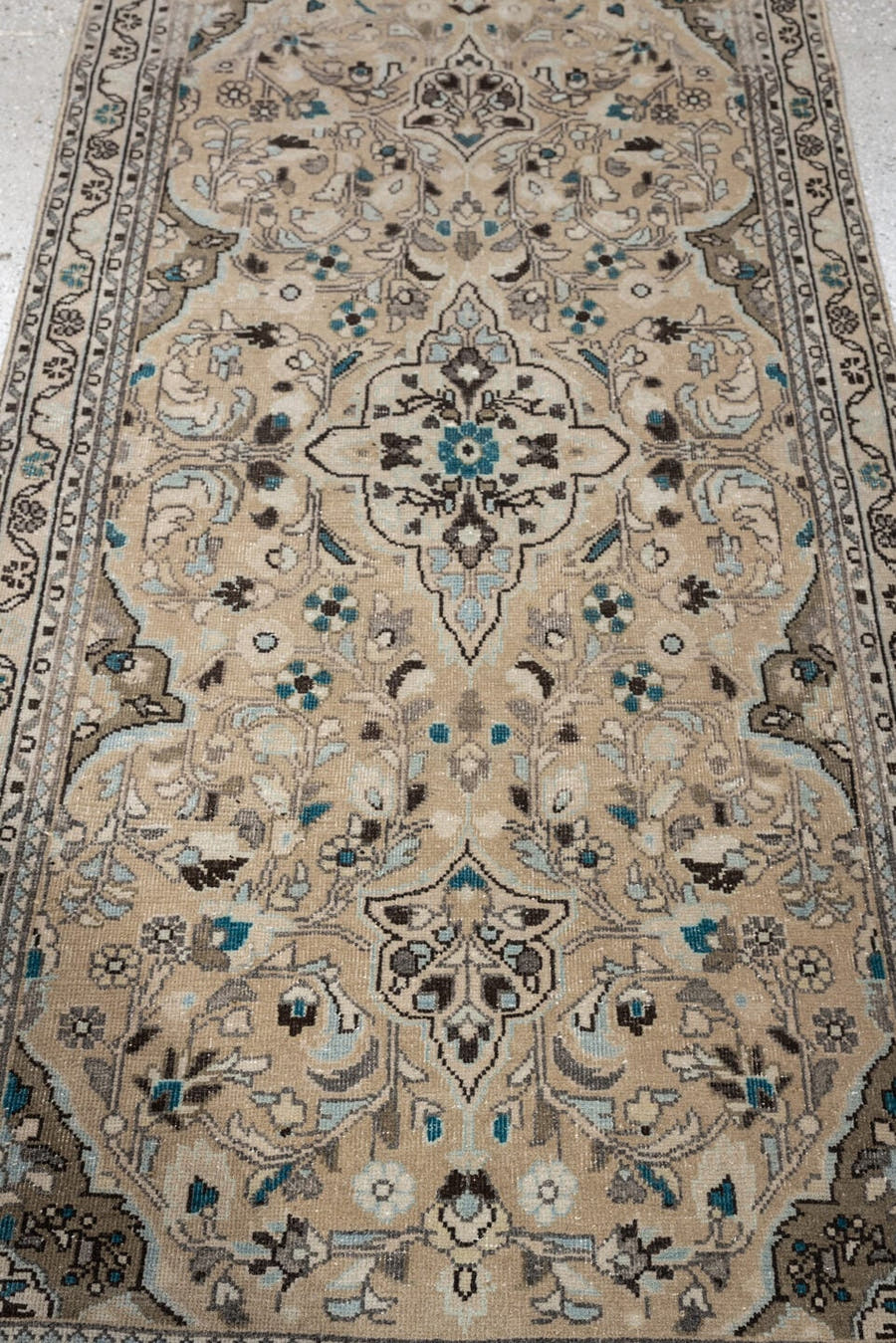 2' x 4' one-of-a-kind handmade antique Sarouk small size rug. Color palette: ivory, taupe, dark brown, teal, blue gray