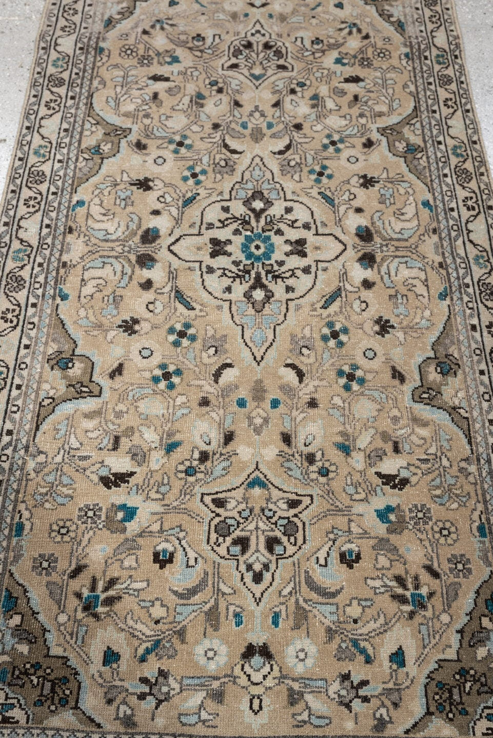 2' x 4' one-of-a-kind handmade antique Sarouk small size rug. Color palette: ivory, taupe, dark brown, teal, blue gray