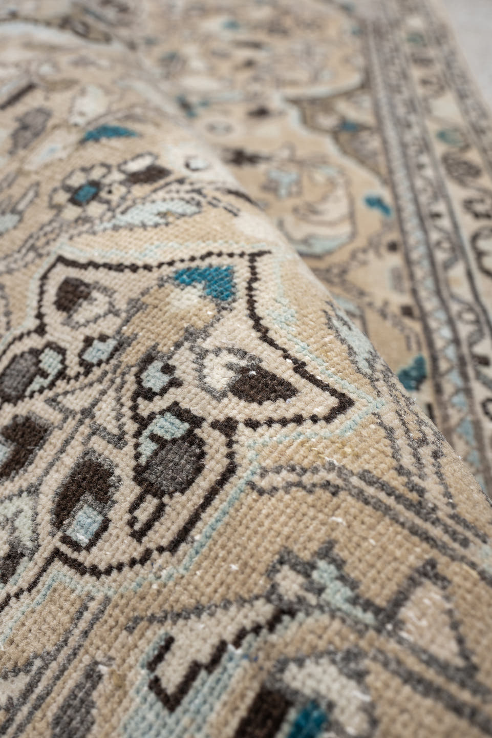 2' x 4' one-of-a-kind handmade antique Sarouk small size rug. Color palette: ivory, taupe, dark brown, teal, blue gray