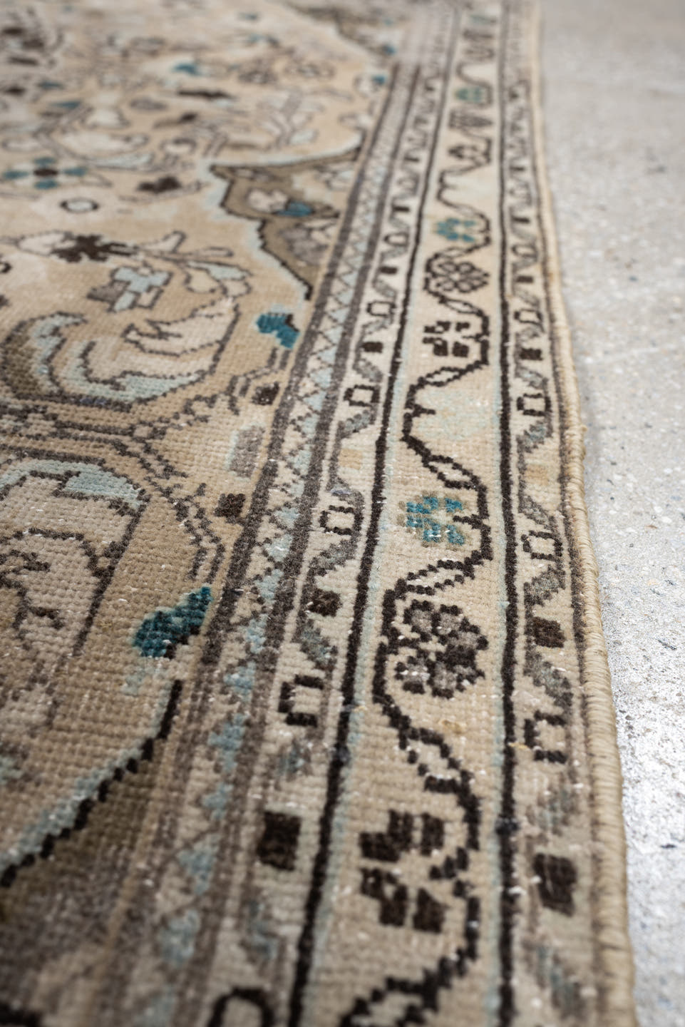 2' x 4' one-of-a-kind handmade antique Sarouk small size rug. Color palette: ivory, taupe, dark brown, teal, blue gray