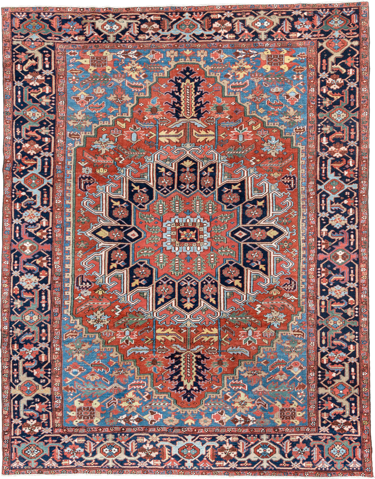 8' x 10' one-of-a-kind handmade antique Heriz large size rug. Color palette: rust, sky blue, navy, ivory, coral, sage, camel