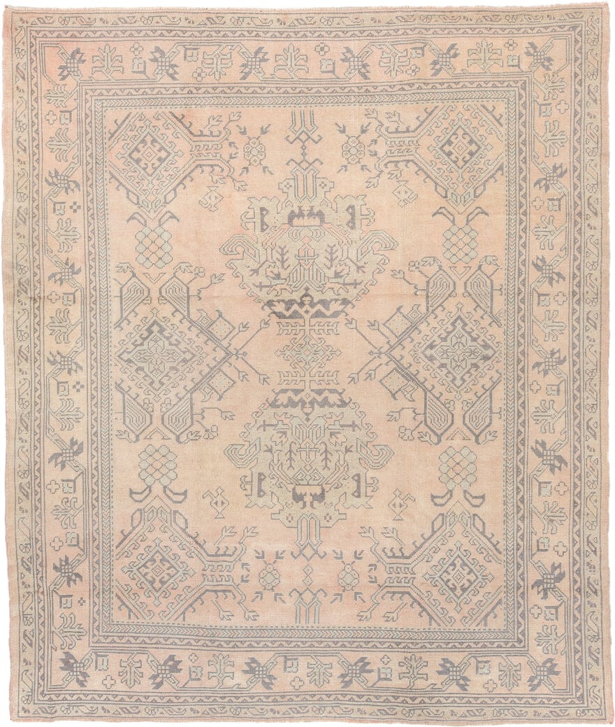 8' x 9' one-of-a-kind handmade antique Oushak large size rug. Color palette: peach, ivory, gray blue, taupe, sage, charcoal