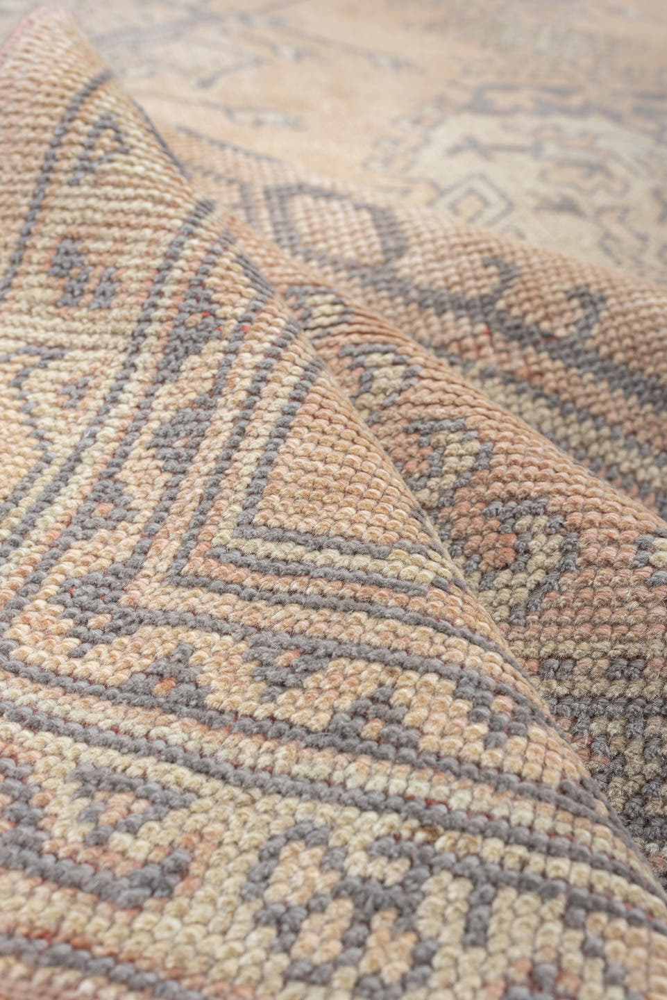 8' x 9' one-of-a-kind handmade antique Oushak large size rug. Color palette: peach, ivory, gray blue, taupe, sage, charcoal