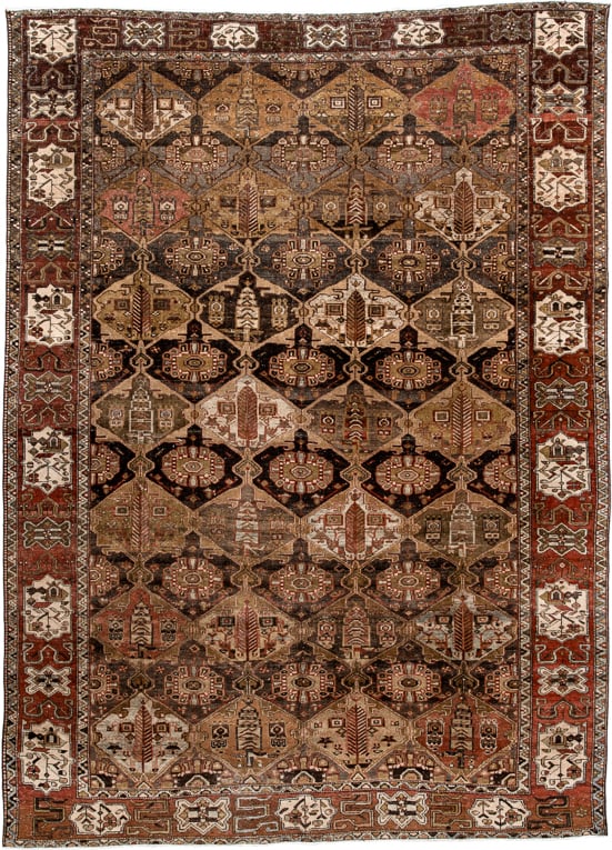 6' x 9' one-of-a-kind handmade vintage medium size rug. Color palette: brown, rust, camel, ivory, charcoal, taupe