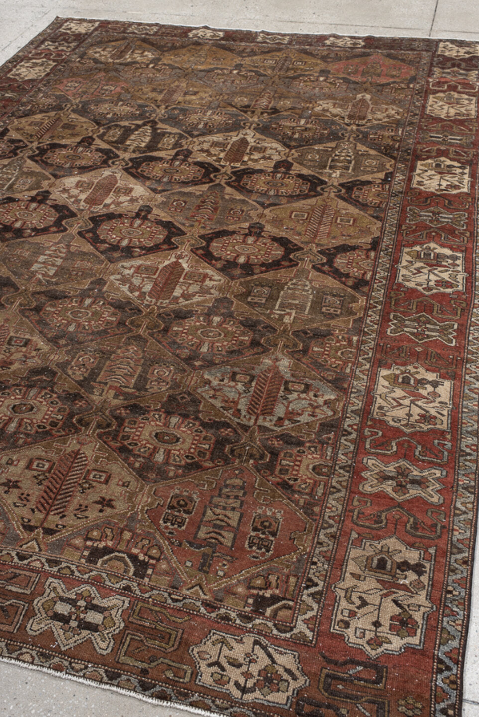 6' x 9' one-of-a-kind handmade vintage medium size rug. Color palette: brown, rust, camel, ivory, charcoal, taupe