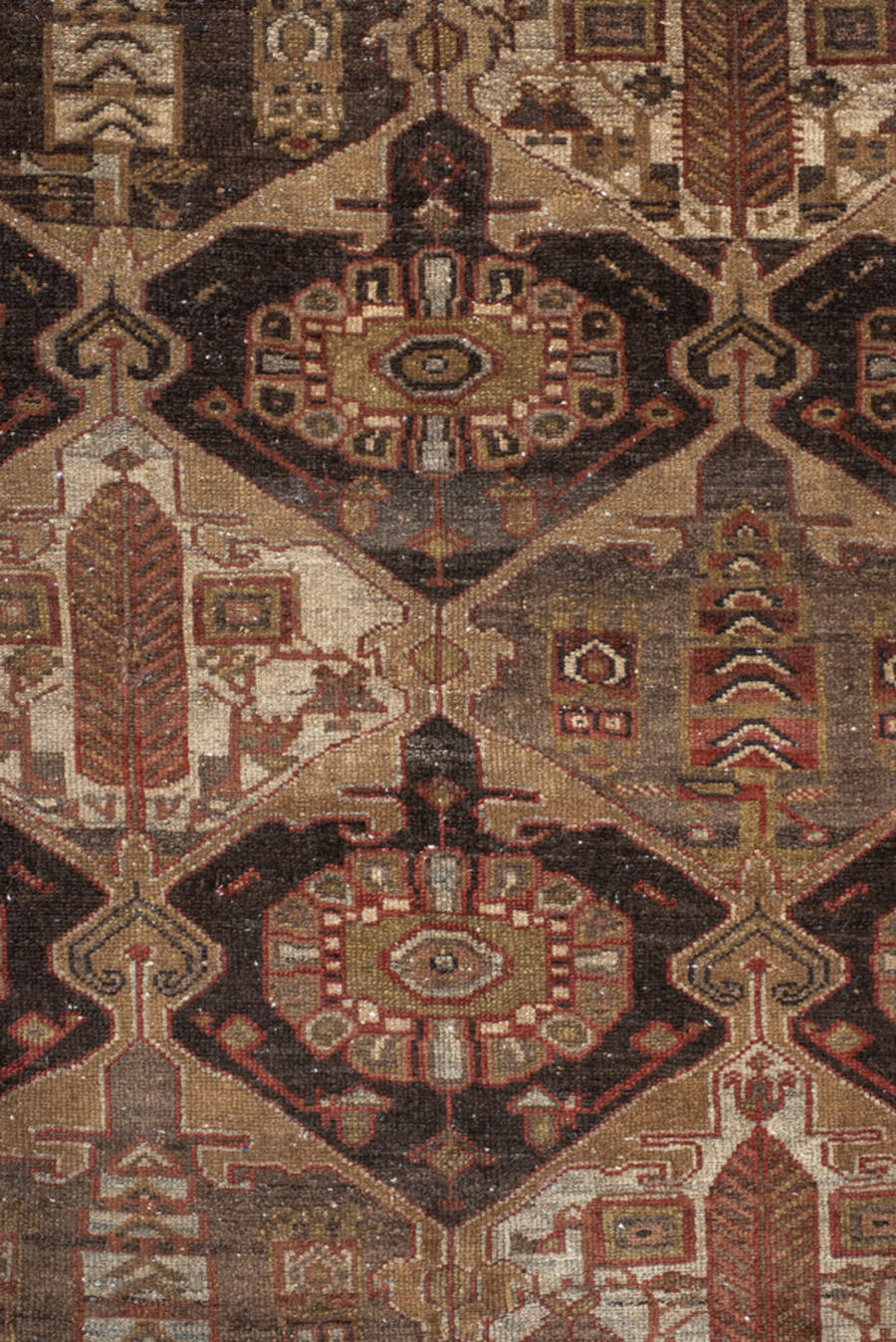 6' x 9' one-of-a-kind handmade vintage medium size rug. Color palette: brown, rust, camel, ivory, charcoal, taupe