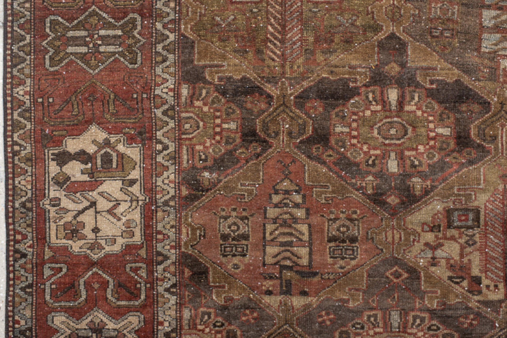 6' x 9' one-of-a-kind handmade vintage medium size rug. Color palette: brown, rust, camel, ivory, charcoal, taupe