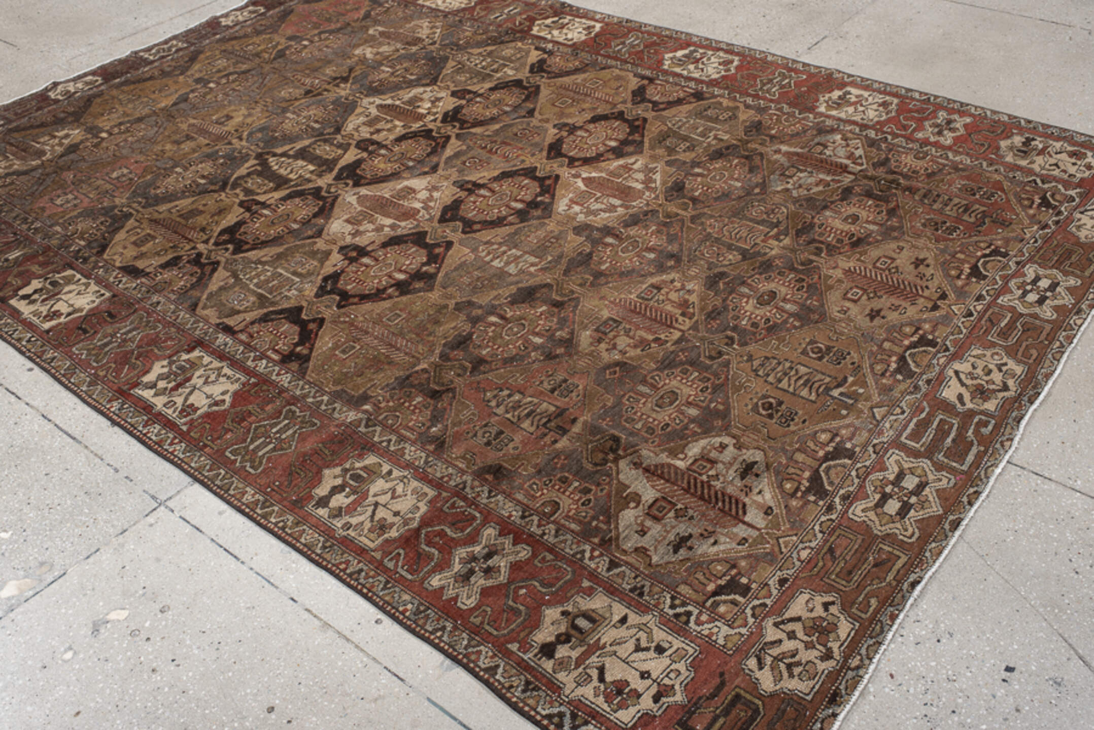 6' x 9' one-of-a-kind handmade vintage medium size rug. Color palette: brown, rust, camel, ivory, charcoal, taupe