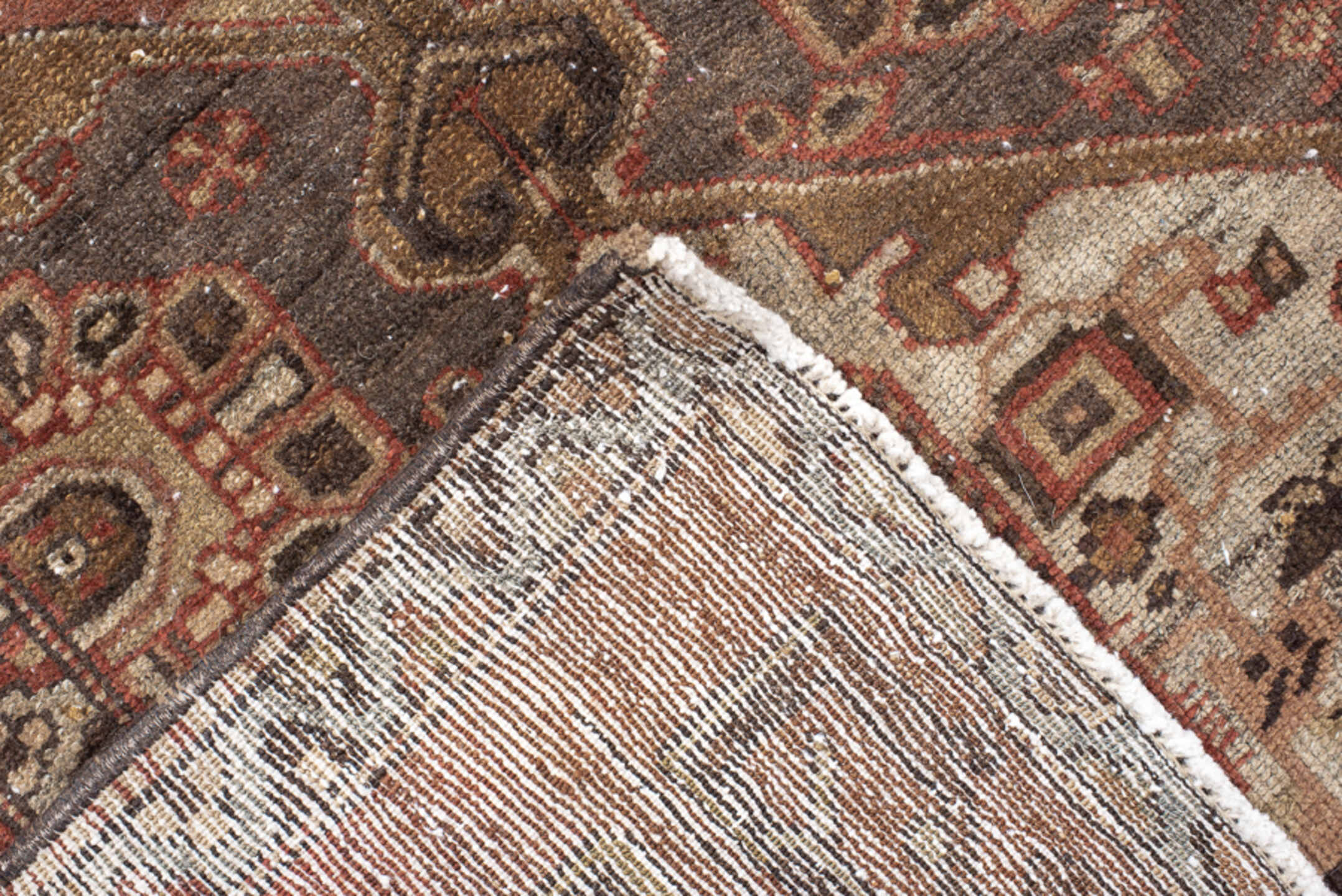 6' x 9' one-of-a-kind handmade vintage medium size rug. Color palette: brown, rust, camel, ivory, charcoal, taupe