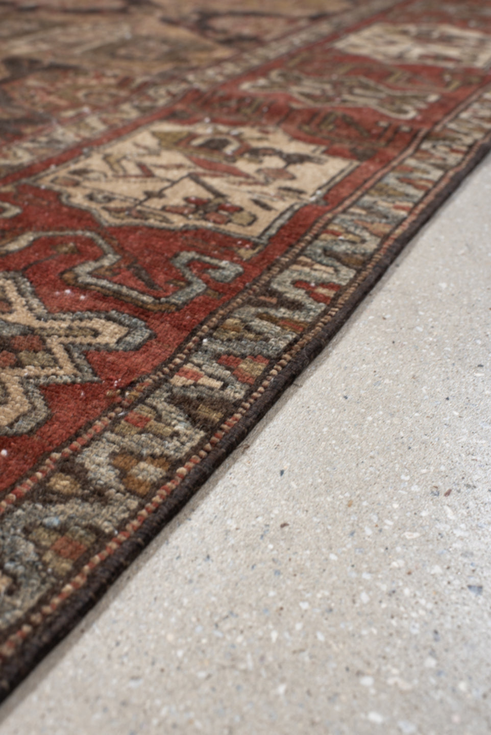 6' x 9' one-of-a-kind handmade vintage medium size rug. Color palette: brown, rust, camel, ivory, charcoal, taupe