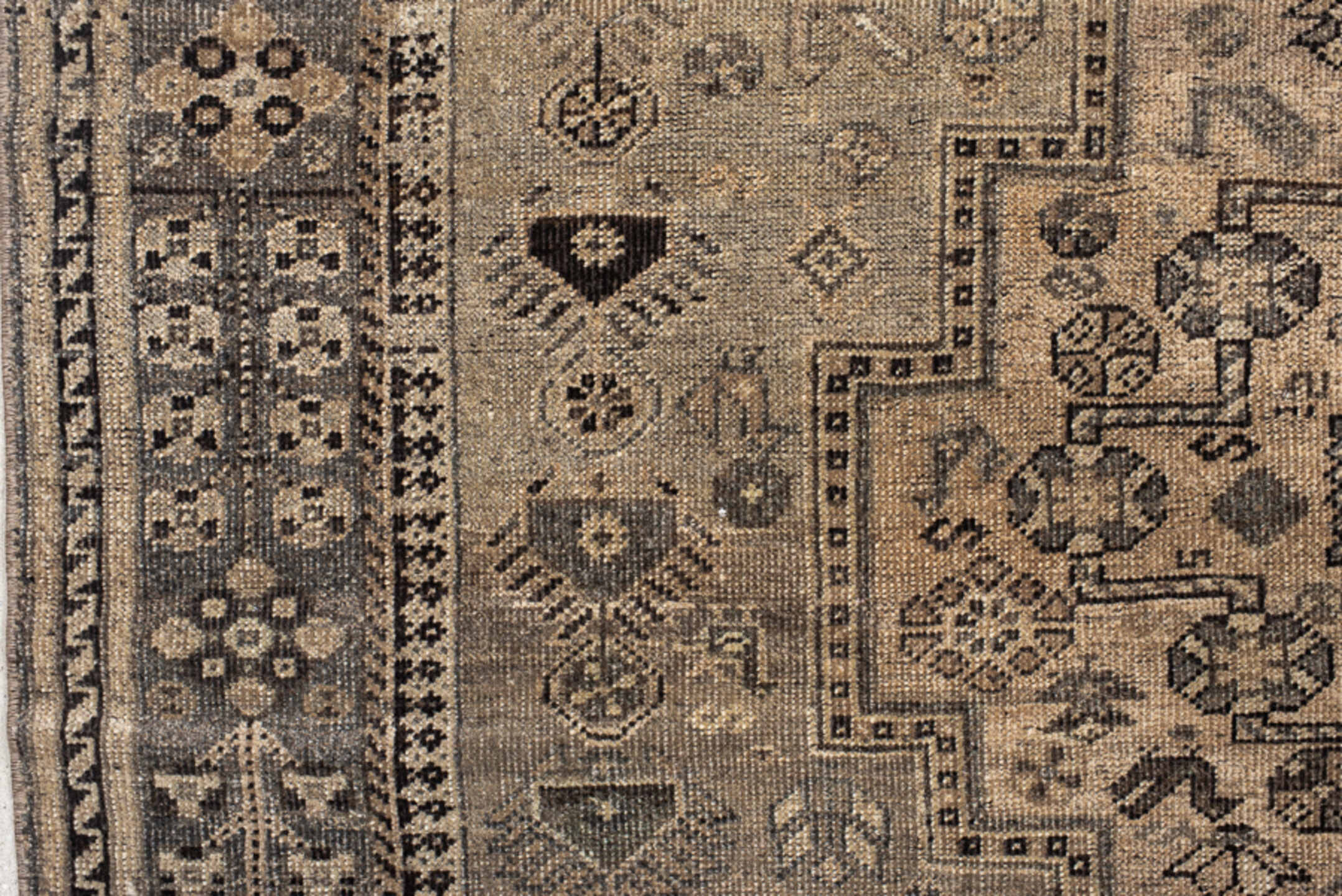 7' x 9' one-of-a-kind handmade vintage Shiraz large size rug. Color palette: ivory, taupe, charcoal, brown, camel, slate