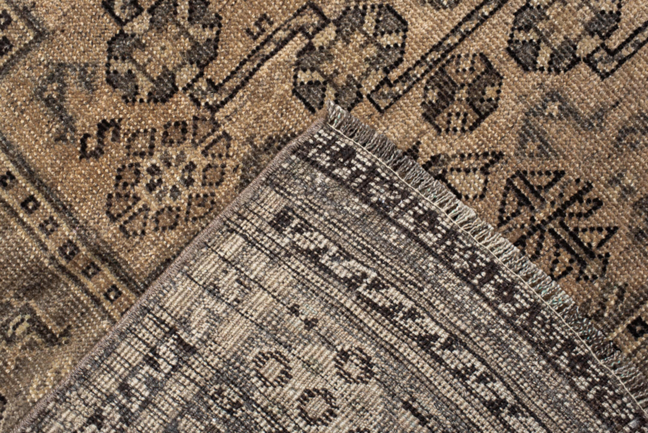 7' x 9' one-of-a-kind handmade vintage Shiraz large size rug. Color palette: ivory, taupe, charcoal, brown, camel, slate