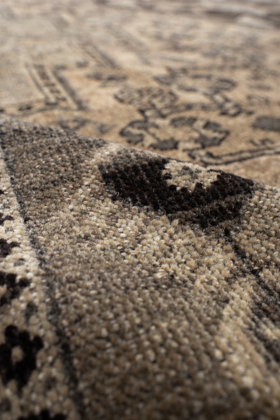 7' x 9' one-of-a-kind handmade vintage Shiraz large size rug. Color palette: ivory, taupe, charcoal, brown, camel, slate