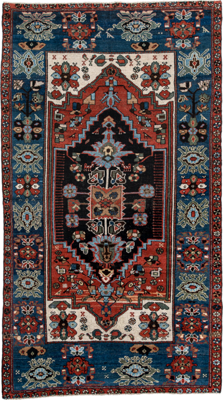 4' x 8' one-of-a-kind handmade vintage rug. Color palette: navy, rust, ivory, sky blue, black, crimson, sage, camel, blue