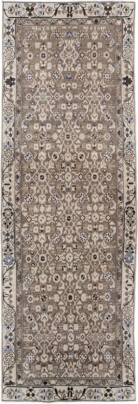 3' x 9' one-of-a-kind handmade vintage runner rug. Color palette: taupe, ivory, brown, blue, charcoal, beige, gray, black