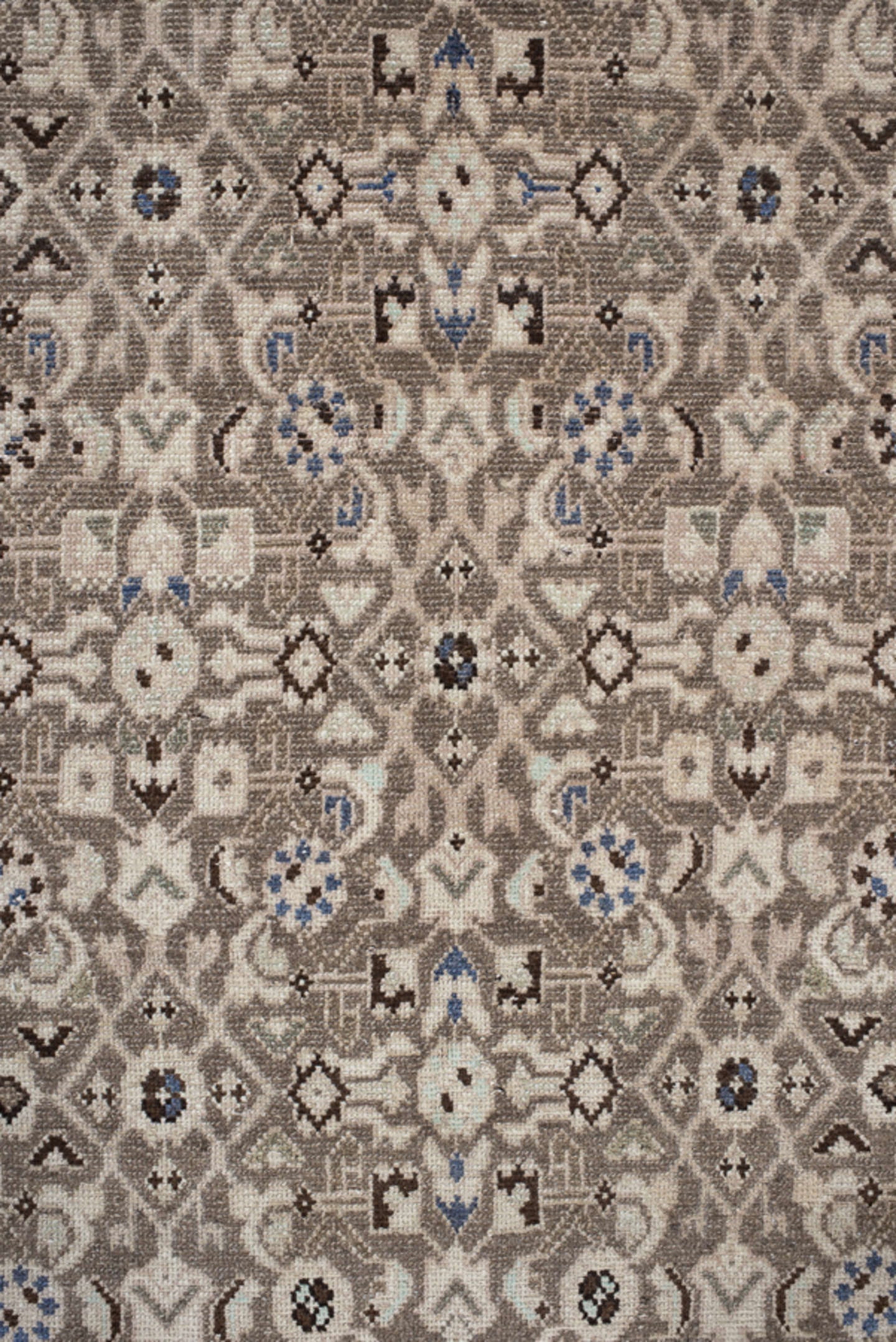 3' x 9' one-of-a-kind handmade vintage runner rug. Color palette: taupe, ivory, brown, blue, charcoal, beige, gray, black