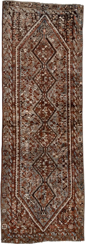 3' x 9' one-of-a-kind handmade vintage Shirvan runner rug. Color palette: rust, ivory, slate, brown, charcoal, taupe
