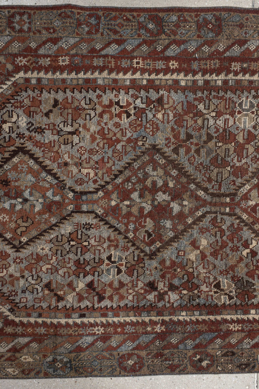 3' x 9' one-of-a-kind handmade vintage Shirvan runner rug. Color palette: rust, ivory, slate, brown, charcoal, taupe