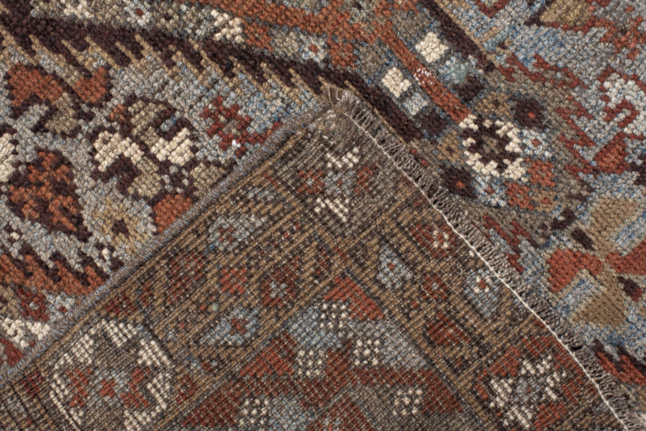 3' x 9' one-of-a-kind handmade vintage Shirvan runner rug. Color palette: rust, ivory, slate, brown, charcoal, taupe