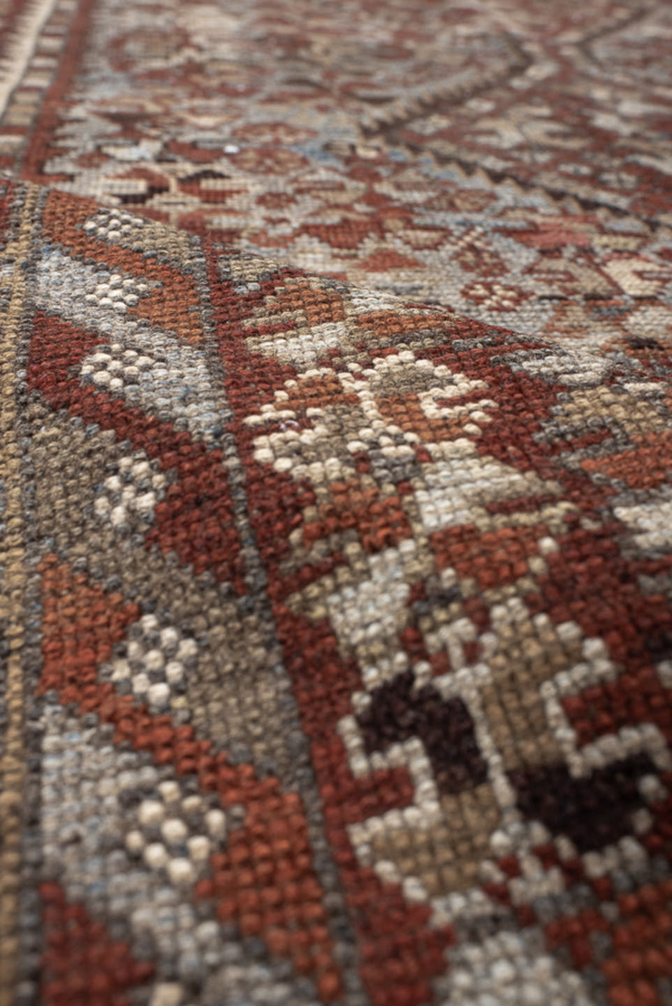 3' x 9' one-of-a-kind handmade vintage Shirvan runner rug. Color palette: rust, ivory, slate, brown, charcoal, taupe