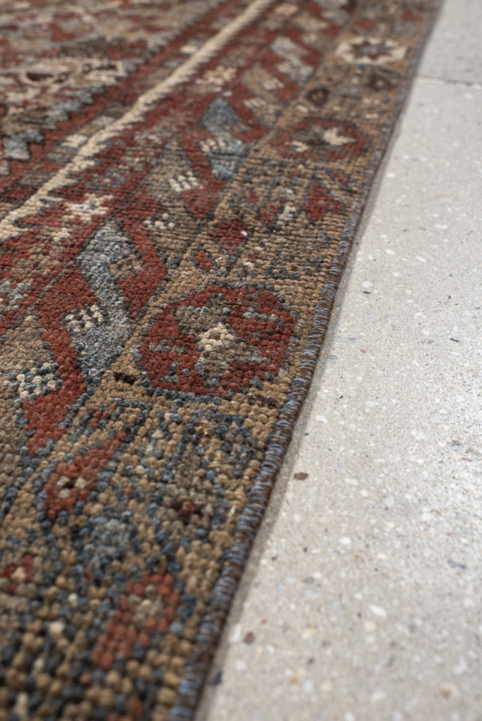 3' x 9' one-of-a-kind handmade vintage Shirvan runner rug. Color palette: rust, ivory, slate, brown, charcoal, taupe